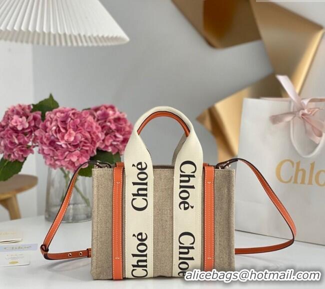 Luxury Discount Chloe Small Woody Tote Bag in Linen Canvas and Calfskin Leather 1120 Orange 2025