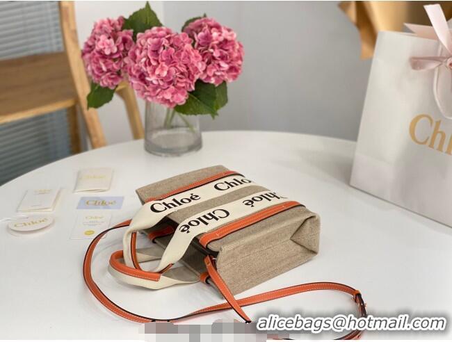 Luxury Discount Chloe Small Woody Tote Bag in Linen Canvas and Calfskin Leather 1120 Orange 2025