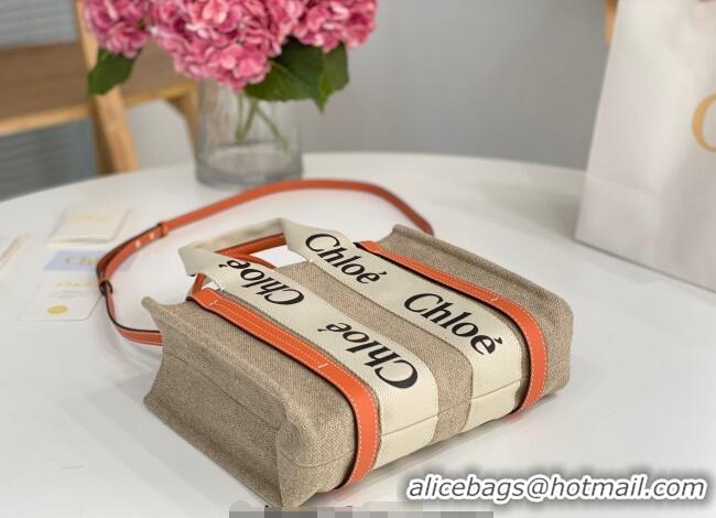 Luxury Discount Chloe Small Woody Tote Bag in Linen Canvas and Calfskin Leather 1120 Orange 2025
