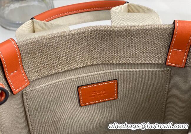 Luxury Discount Chloe Small Woody Tote Bag in Linen Canvas and Calfskin Leather 1120 Orange 2025