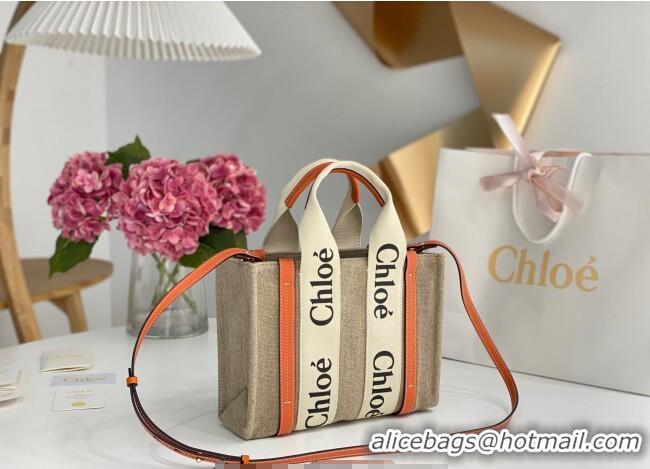 Luxury Discount Chloe Small Woody Tote Bag in Linen Canvas and Calfskin Leather 1120 Orange 2025