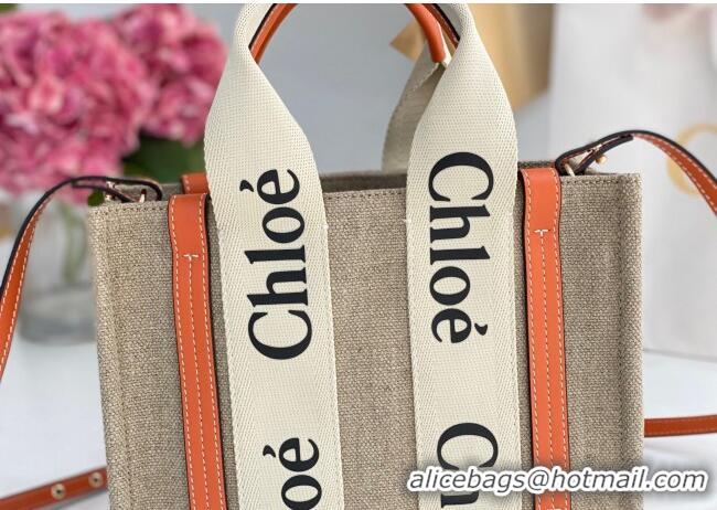 Luxury Discount Chloe Small Woody Tote Bag in Linen Canvas and Calfskin Leather 1120 Orange 2025