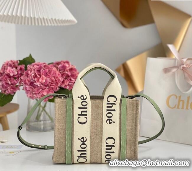 Super Quality Chloe Small Woody Tote Bag in Linen Canvas and Calfskin Leather 1120 Light Green 2025