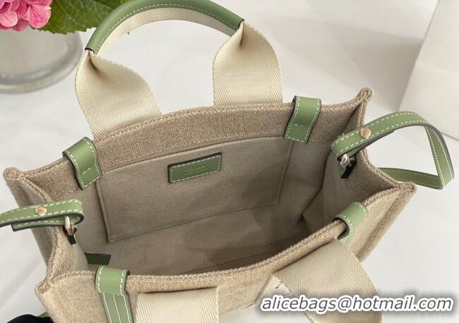 Super Quality Chloe Small Woody Tote Bag in Linen Canvas and Calfskin Leather 1120 Light Green 2025