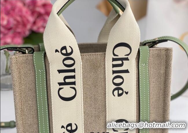 Super Quality Chloe Small Woody Tote Bag in Linen Canvas and Calfskin Leather 1120 Light Green 2025