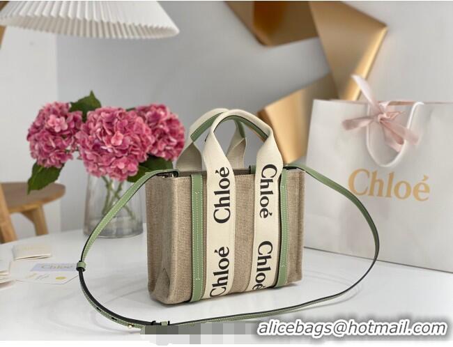 Super Quality Chloe Small Woody Tote Bag in Linen Canvas and Calfskin Leather 1120 Light Green 2025