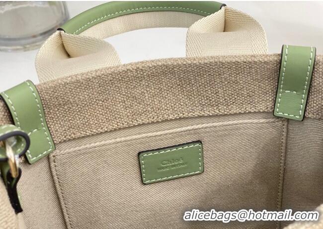 Super Quality Chloe Small Woody Tote Bag in Linen Canvas and Calfskin Leather 1120 Light Green 2025