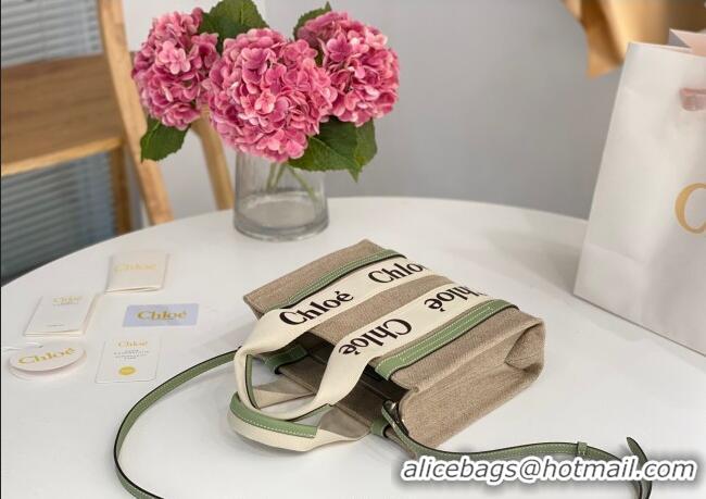 Super Quality Chloe Small Woody Tote Bag in Linen Canvas and Calfskin Leather 1120 Light Green 2025