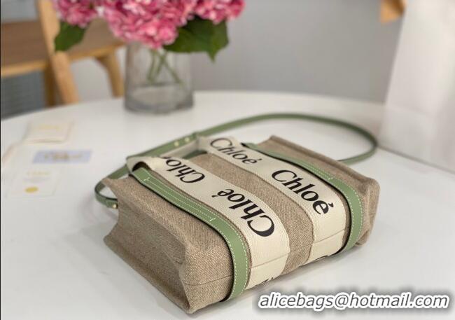 Super Quality Chloe Small Woody Tote Bag in Linen Canvas and Calfskin Leather 1120 Light Green 2025