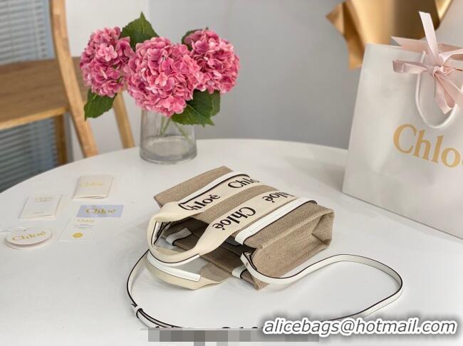 Good Taste Chloe Small Woody Tote Bag in Linen Canvas and Calfskin Leather 1120 White 2025