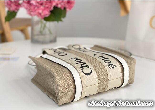 Good Taste Chloe Small Woody Tote Bag in Linen Canvas and Calfskin Leather 1120 White 2025