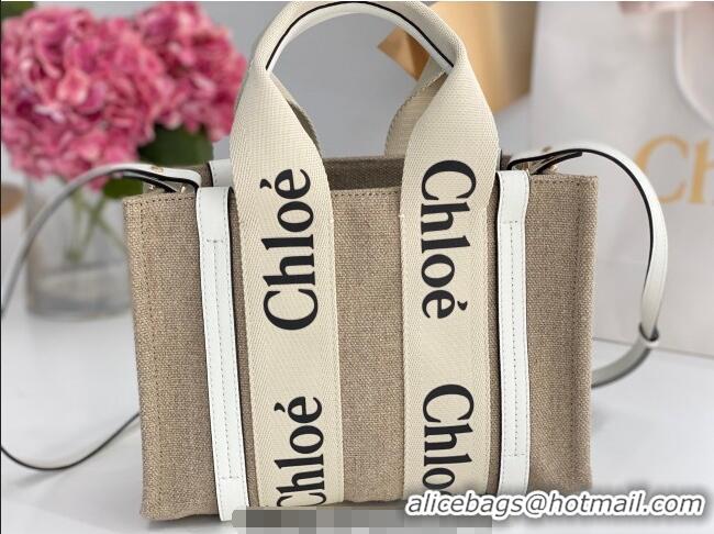 Good Taste Chloe Small Woody Tote Bag in Linen Canvas and Calfskin Leather 1120 White 2025