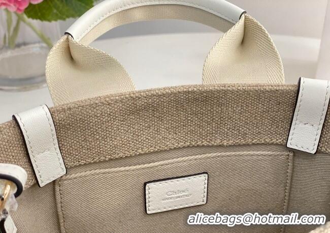 Good Taste Chloe Small Woody Tote Bag in Linen Canvas and Calfskin Leather 1120 White 2025