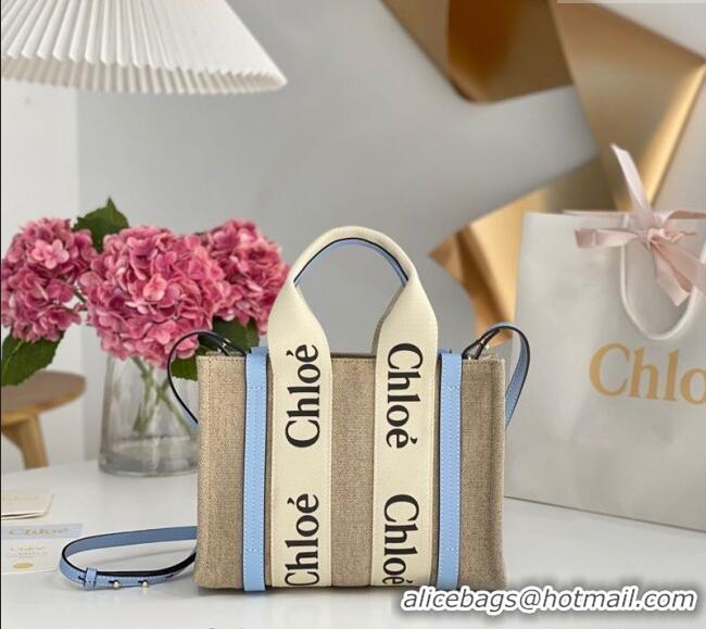 Unique Grade Chloe Small Woody Tote Bag in Linen Canvas and Calfskin Leather 1120 Light Blue 2025