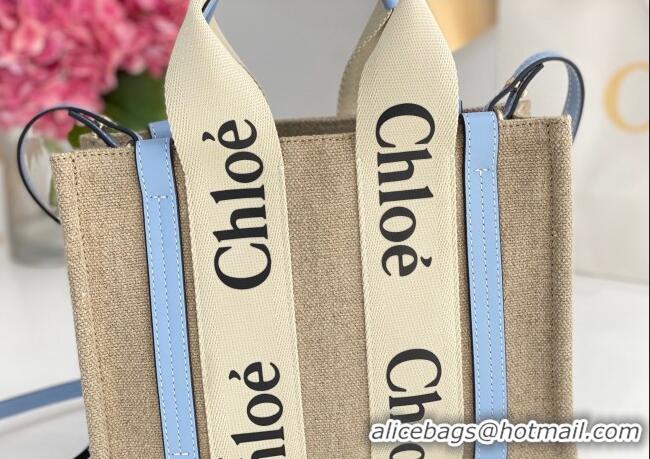 Unique Grade Chloe Small Woody Tote Bag in Linen Canvas and Calfskin Leather 1120 Light Blue 2025