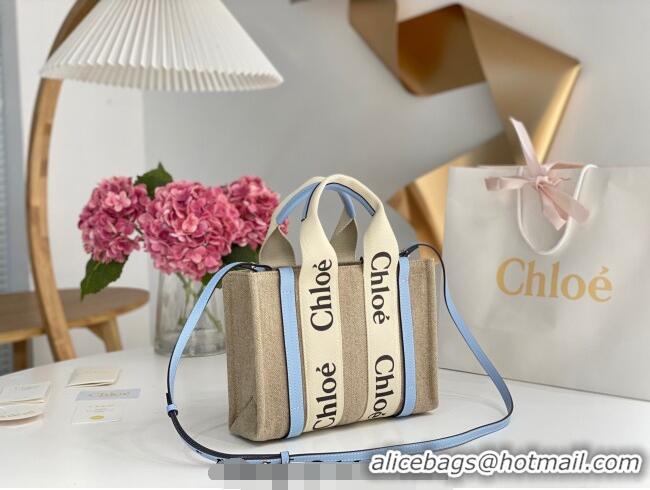 Unique Grade Chloe Small Woody Tote Bag in Linen Canvas and Calfskin Leather 1120 Light Blue 2025