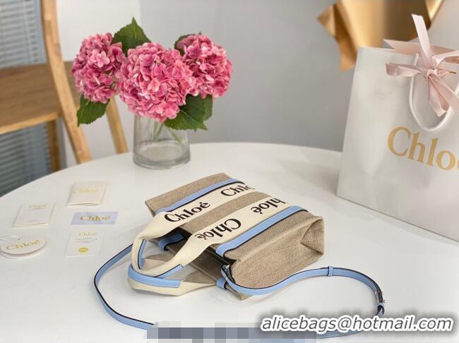 Unique Grade Chloe Small Woody Tote Bag in Linen Canvas and Calfskin Leather 1120 Light Blue 2025