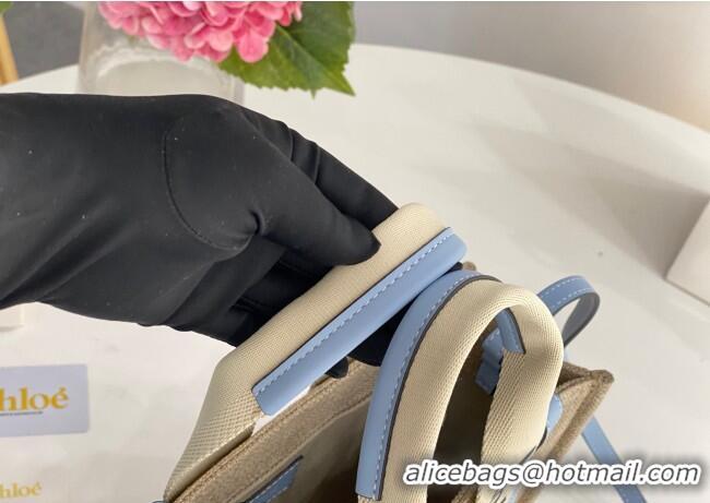 Unique Grade Chloe Small Woody Tote Bag in Linen Canvas and Calfskin Leather 1120 Light Blue 2025