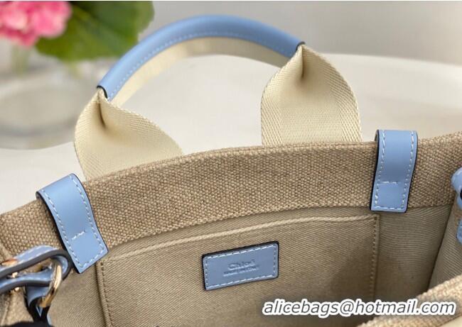 Unique Grade Chloe Small Woody Tote Bag in Linen Canvas and Calfskin Leather 1120 Light Blue 2025