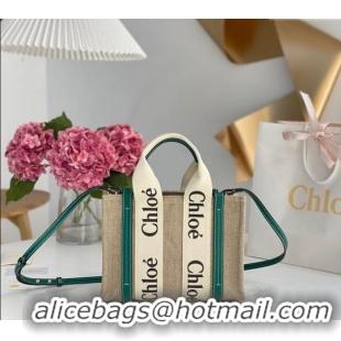 Affordable Price Chloe Small Woody Tote Bag in Linen Canvas and Calfskin Leather 1120 Dark Green 2025