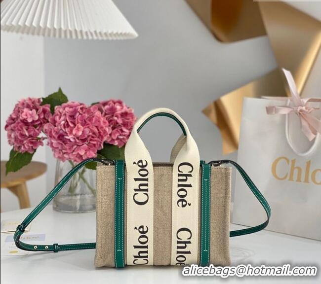 Affordable Price Chloe Small Woody Tote Bag in Linen Canvas and Calfskin Leather 1120 Dark Green 2025