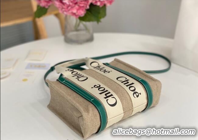 Affordable Price Chloe Small Woody Tote Bag in Linen Canvas and Calfskin Leather 1120 Dark Green 2025