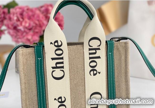 Affordable Price Chloe Small Woody Tote Bag in Linen Canvas and Calfskin Leather 1120 Dark Green 2025