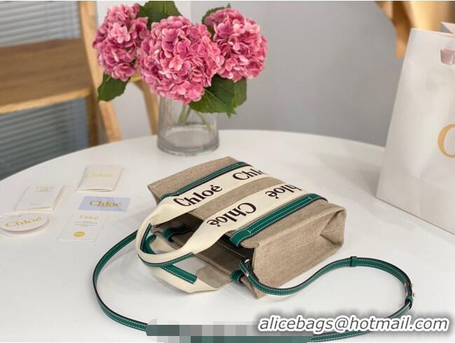 Affordable Price Chloe Small Woody Tote Bag in Linen Canvas and Calfskin Leather 1120 Dark Green 2025