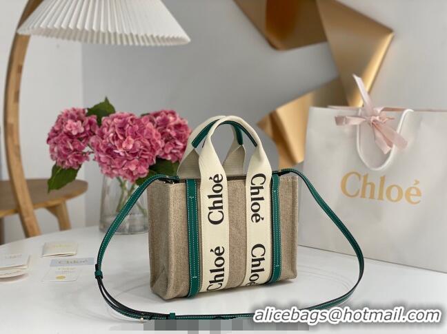 Affordable Price Chloe Small Woody Tote Bag in Linen Canvas and Calfskin Leather 1120 Dark Green 2025