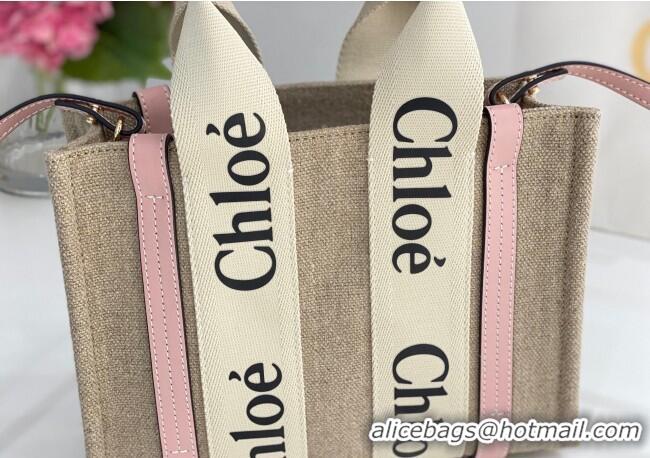 Promotional Chloe Small Woody Tote Bag in Linen Canvas and Calfskin Leather 1120 Light Pink 2025
