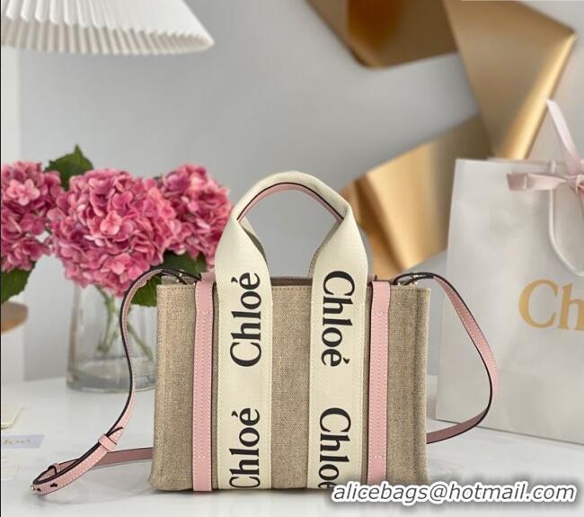 Promotional Chloe Small Woody Tote Bag in Linen Canvas and Calfskin Leather 1120 Light Pink 2025