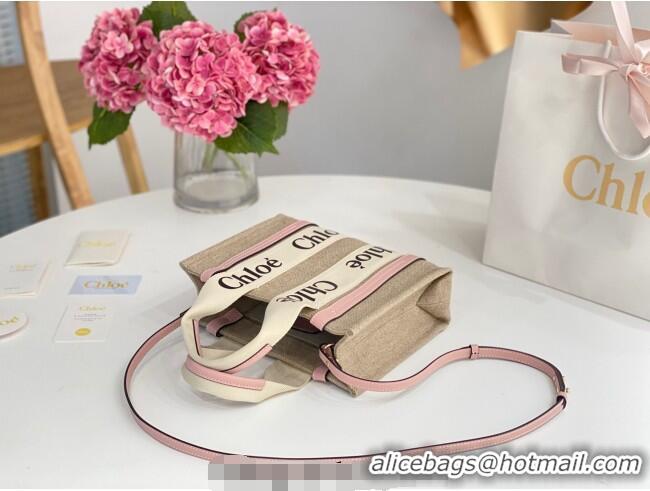 Promotional Chloe Small Woody Tote Bag in Linen Canvas and Calfskin Leather 1120 Light Pink 2025