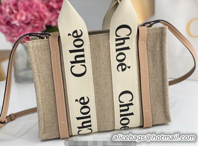 Grade Quality Chloe Small Woody Tote Bag in Linen Canvas and Calfskin Leather 1120 Beige 2025