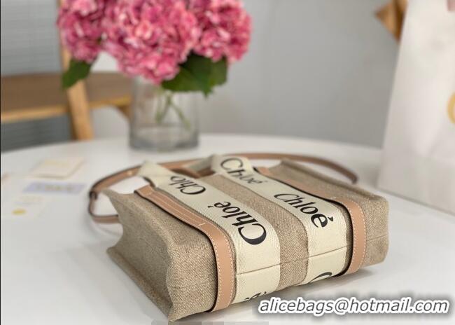 Grade Quality Chloe Small Woody Tote Bag in Linen Canvas and Calfskin Leather 1120 Beige 2025