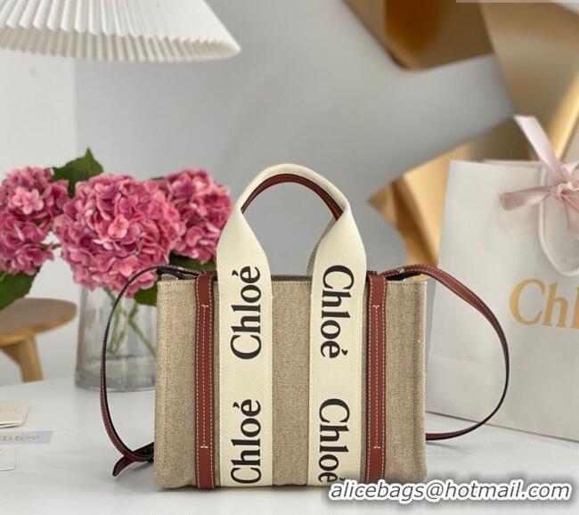 Best Quality Chloe Small Woody Tote Bag in Linen Canvas and Calfskin Leather 1120 Brown 2025