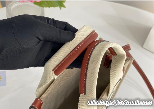 Best Quality Chloe Small Woody Tote Bag in Linen Canvas and Calfskin Leather 1120 Brown 2025