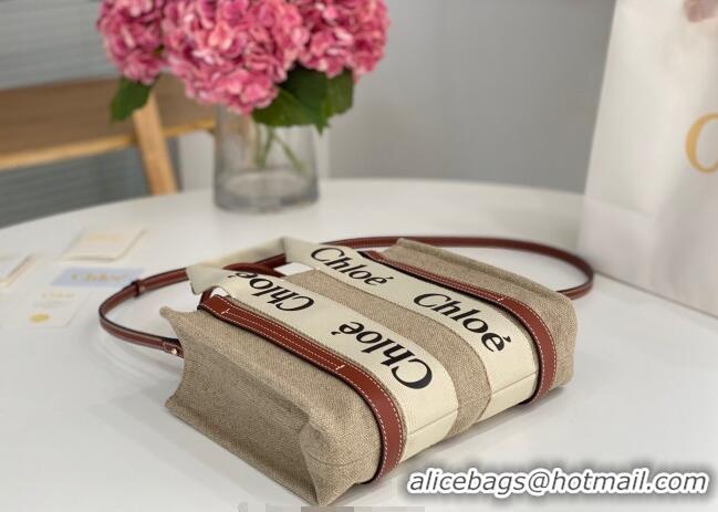 Best Quality Chloe Small Woody Tote Bag in Linen Canvas and Calfskin Leather 1120 Brown 2025