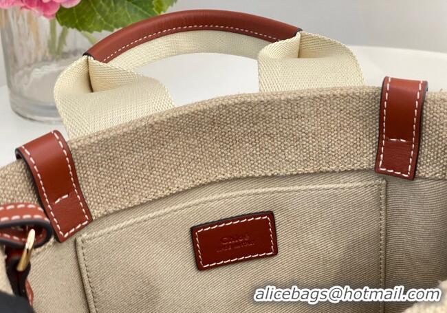 Best Quality Chloe Small Woody Tote Bag in Linen Canvas and Calfskin Leather 1120 Brown 2025