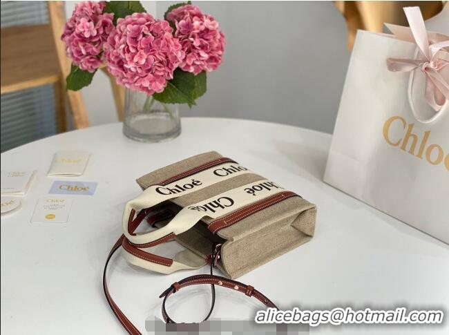 Best Quality Chloe Small Woody Tote Bag in Linen Canvas and Calfskin Leather 1120 Brown 2025