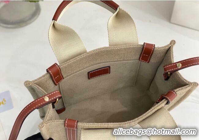 Best Quality Chloe Small Woody Tote Bag in Linen Canvas and Calfskin Leather 1120 Brown 2025