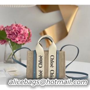 Shop Grade Chloe Mini Woody Tote Bag in Linen Canvas and Calfskin Leather 1120 Denim Blue 2025