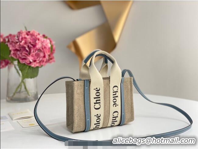 Shop Grade Chloe Mini Woody Tote Bag in Linen Canvas and Calfskin Leather 1120 Denim Blue 2025
