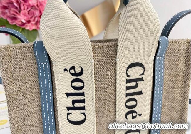 Shop Grade Chloe Mini Woody Tote Bag in Linen Canvas and Calfskin Leather 1120 Denim Blue 2025