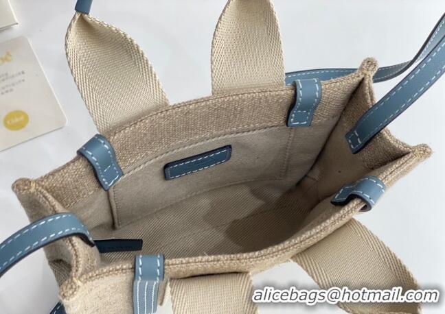 Shop Grade Chloe Mini Woody Tote Bag in Linen Canvas and Calfskin Leather 1120 Denim Blue 2025
