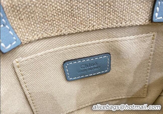 Shop Grade Chloe Mini Woody Tote Bag in Linen Canvas and Calfskin Leather 1120 Denim Blue 2025