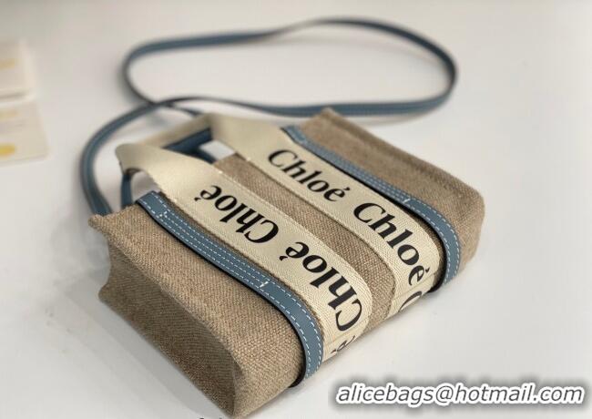 Shop Grade Chloe Mini Woody Tote Bag in Linen Canvas and Calfskin Leather 1120 Denim Blue 2025