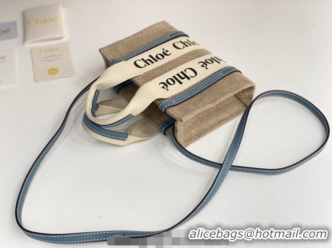 Shop Grade Chloe Mini Woody Tote Bag in Linen Canvas and Calfskin Leather 1120 Denim Blue 2025