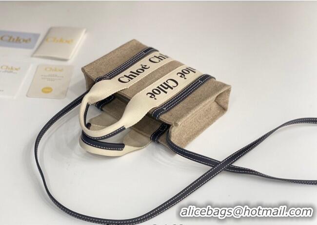 Best Quality Chloe Mini Woody Tote Bag in Linen Canvas and Calfskin Leather 1120 Dark Blue 2025