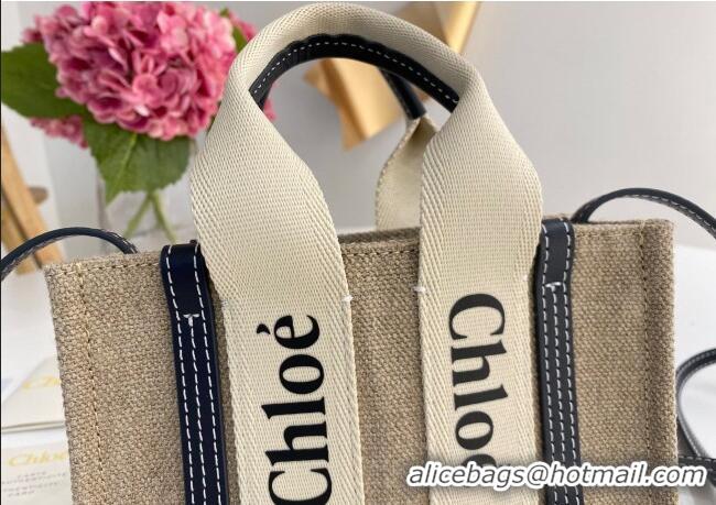 Best Quality Chloe Mini Woody Tote Bag in Linen Canvas and Calfskin Leather 1120 Dark Blue 2025
