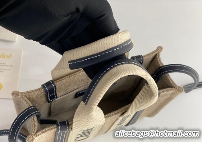 Best Quality Chloe Mini Woody Tote Bag in Linen Canvas and Calfskin Leather 1120 Dark Blue 2025